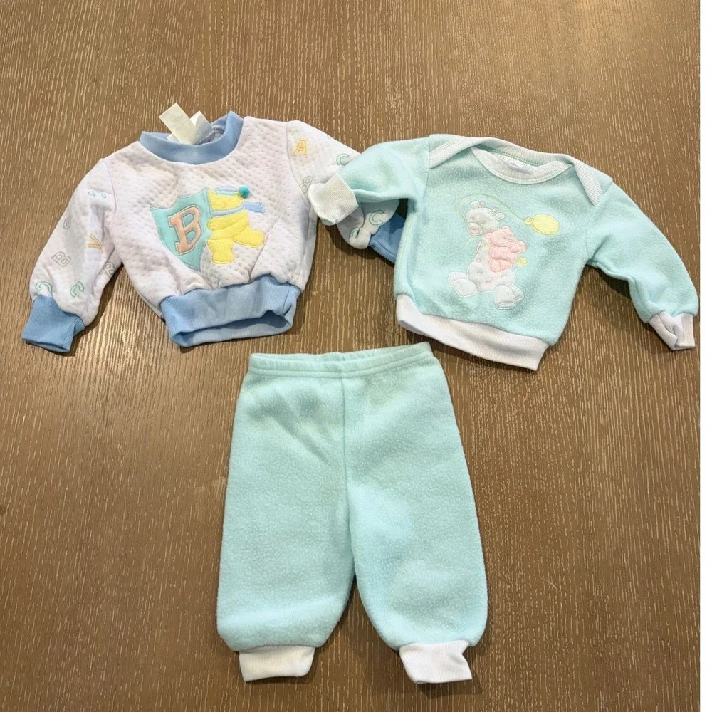 Vintage Childwise Baby 3-6 Months Lot Fleece Outfit Set Blue Sweatshirts Pants